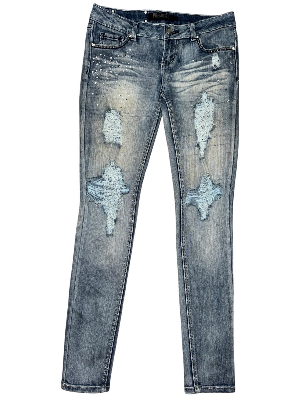 Premiere Juniors 1/2R Y2K Distressed Rhinestone Low Rise Skinny Jeans 30 Waist
